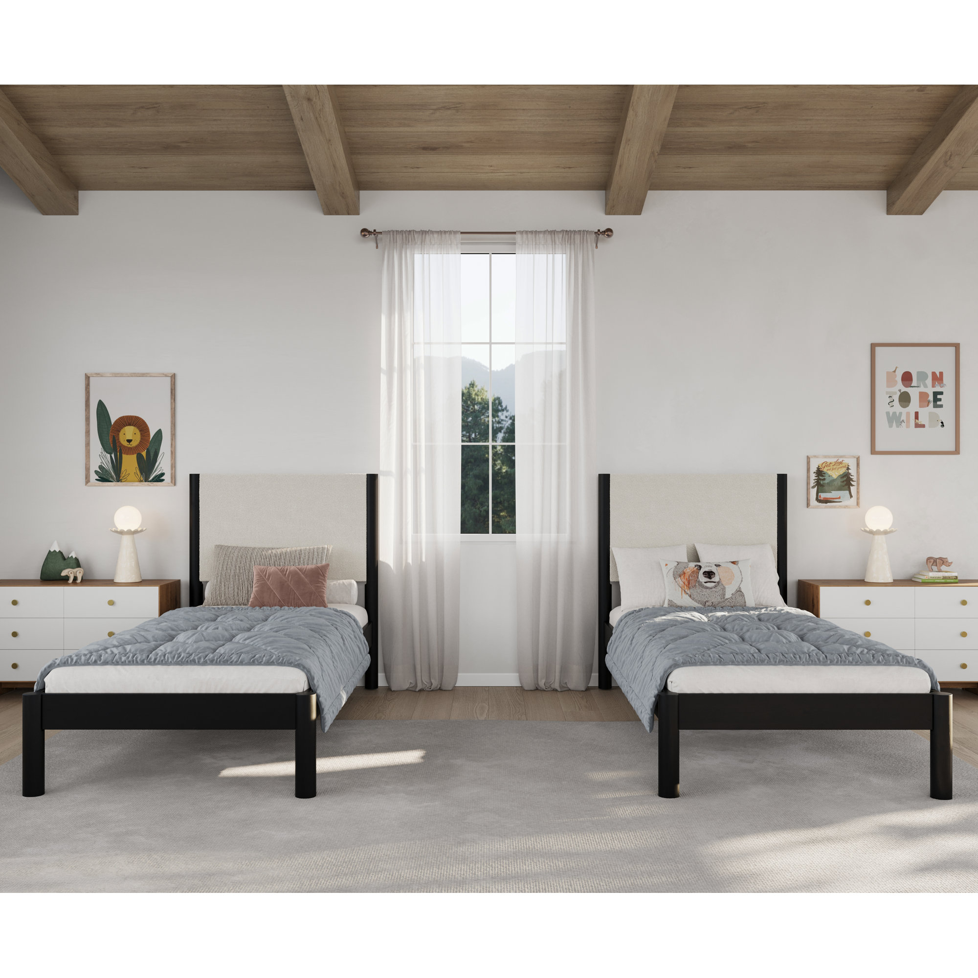 Ardin Solid Wood Bed Frame With Cream Boucle Upholstered Headboard, Twin, Black