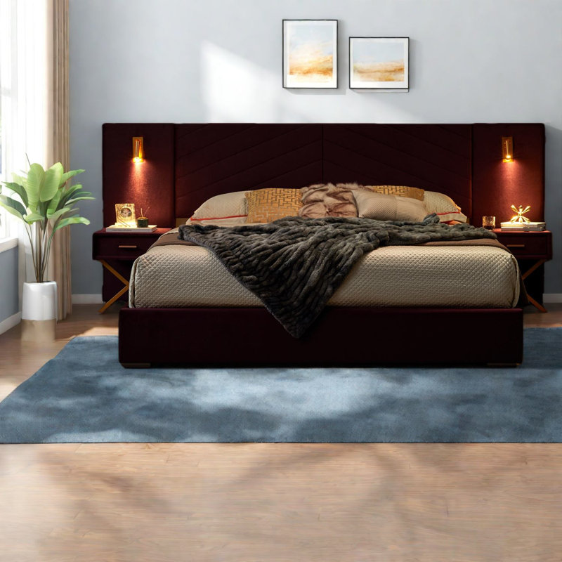 Grands lits avec rangement, cadre moderne en bois de velours pour chambre à coucher