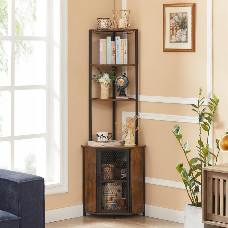 Pittard 22.2'' Brown Wine Bar Triangle 5 Tier Bar Cabinet with Wine Glass Rack and Storage Cabinet, Brown/Black