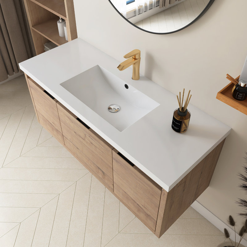 Meuble-lavabo mural simple 47 po avec plateau en résine Lillah, Imitation chêne