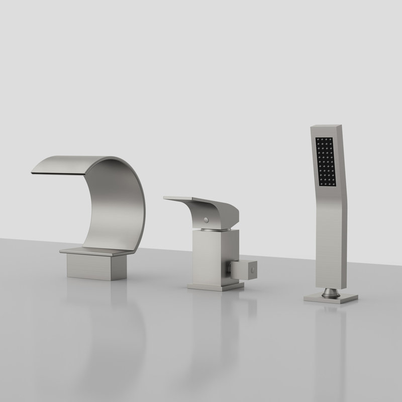 Robinet de baignoire romaine cascade avec douche à main, fixation sur le comptoir à 3 trous, Nickel brossé
