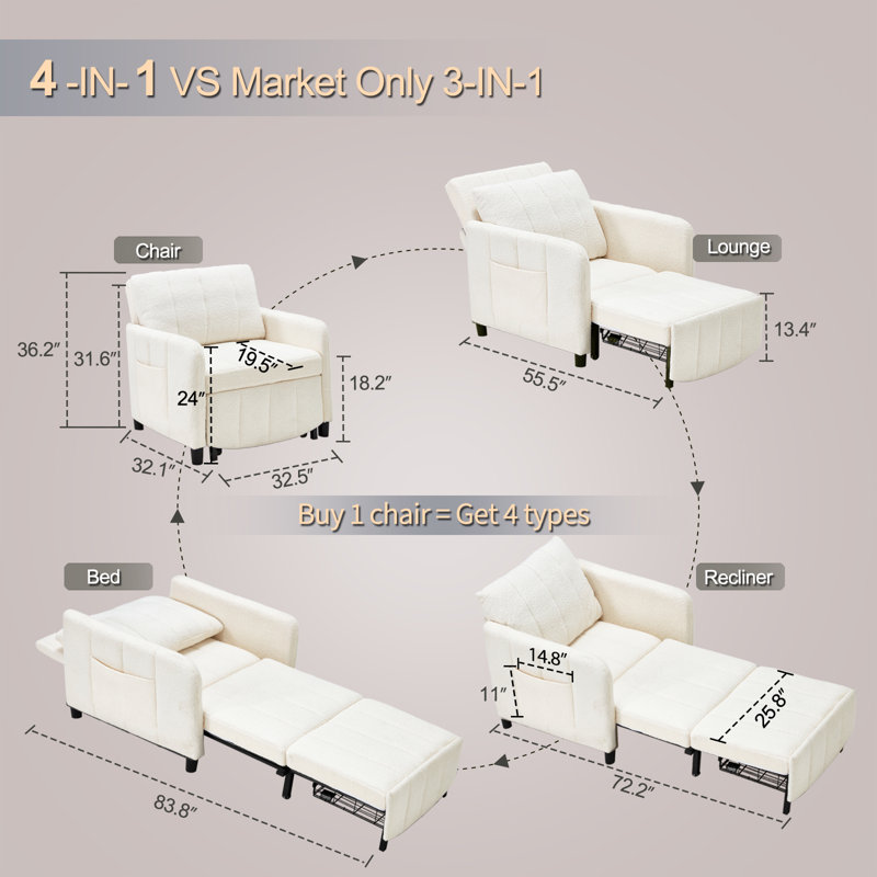 Extra Long Convertible 4 in 1 Sleeper Chair with Pull-Out Mechanism, White