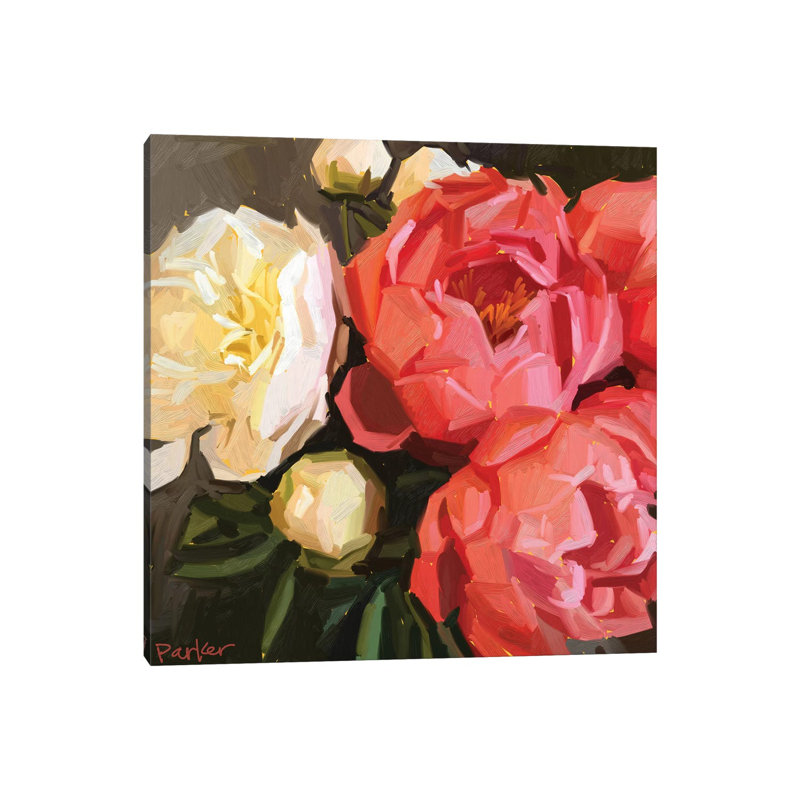Corail pivoines par Teddi Parker - peinture sur toile tendue, H 12 po x l 12 po x P 0,75 po