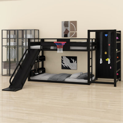 Metal Bunk Bed With Basketball Hoop, Pull-Up Rings, Climbing Wall, And Bookshelves