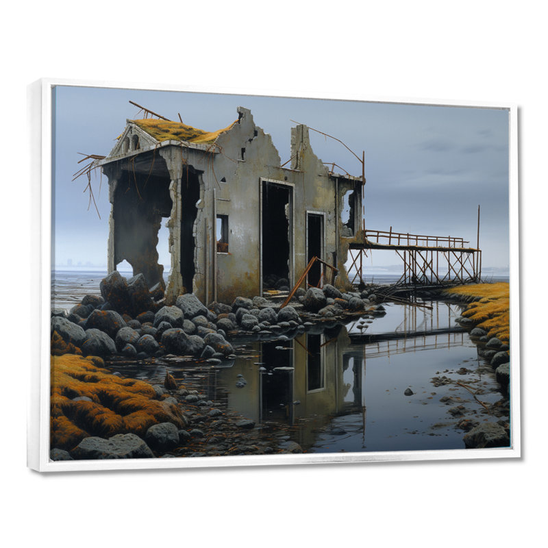 Maison de campagne déserte, ruine, gris, nostalgie - paysage, art mural, Toile encadrée flottée blanche