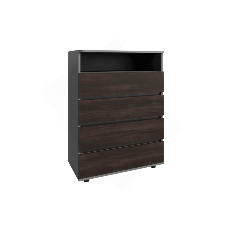 Commode, 4 tiroirs, 1 tablette, gris mat / chêne foncé