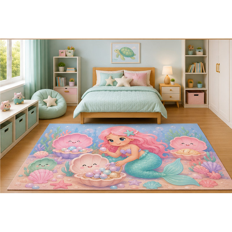Tapis ultra-léger 152 x 213 cm (5' x 7') à motif sirène ramassant des perles et des coquillages souriants, idéal pour une chambre de fille, une crèche ou une salle de jeux. Style scandinave minimaliste, décor marin. Dos en silicone antidérapant. Poils courts.
