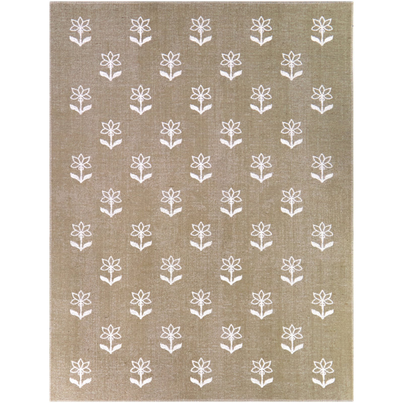 Evyenia Tan Modern Floral Area Rug, Rectangle 5'3" x 7'