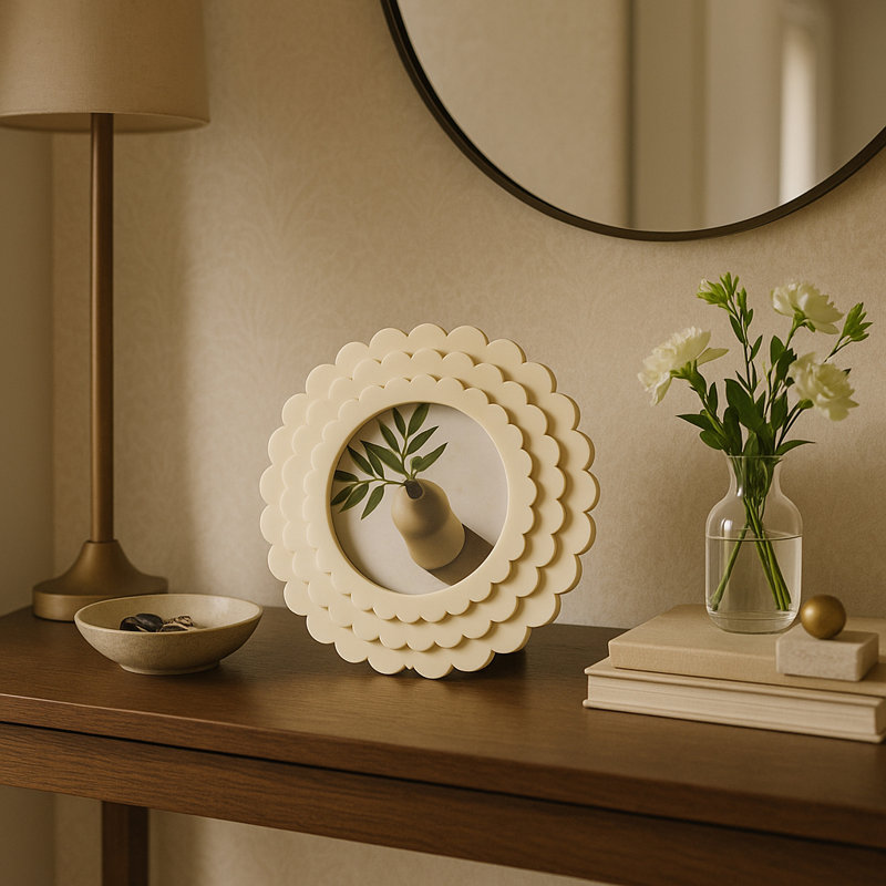 Sagebrook Home Ivory Scalloped 4X4 Round Photo Frame, Polyresin & Wood