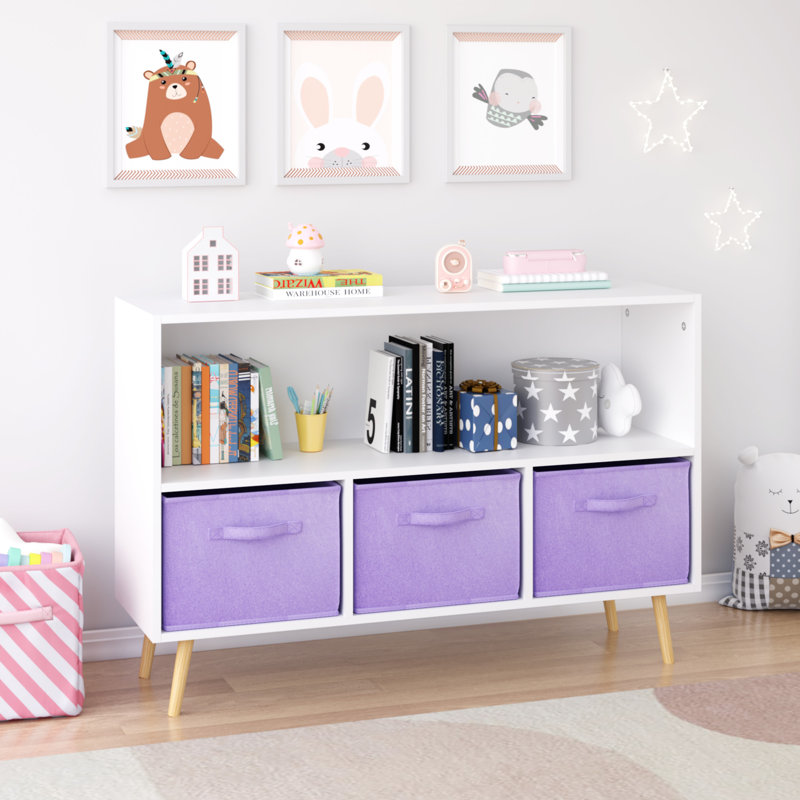 Kids Bookcase With Collapsible Fabric Drawers, White/Purple