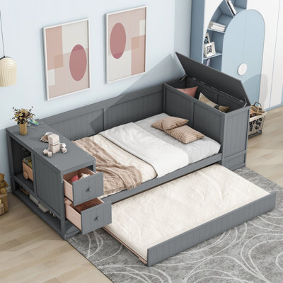 Twin Size Daybed With Storage Arms, Trundle And Charging Station,