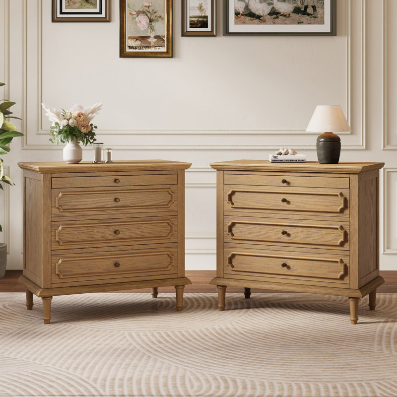 Traditional 28.3''W 3-Drawer Solid Wood Nightstand With Built-In Outlets And Pull-Out Shelf, Mid-Century Rustic End Table With Charging Station, Modern Wooden Side Table For Bedroom, Living Room, Fully Assembled(Set of 2)