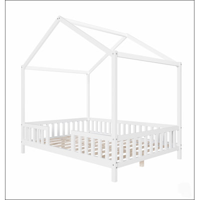 Lit Montessori au sol avec baldaquin, cadre de lit enfant en forme de maison avec hautes barrières, lit enfant en bois avec toit, taille standard