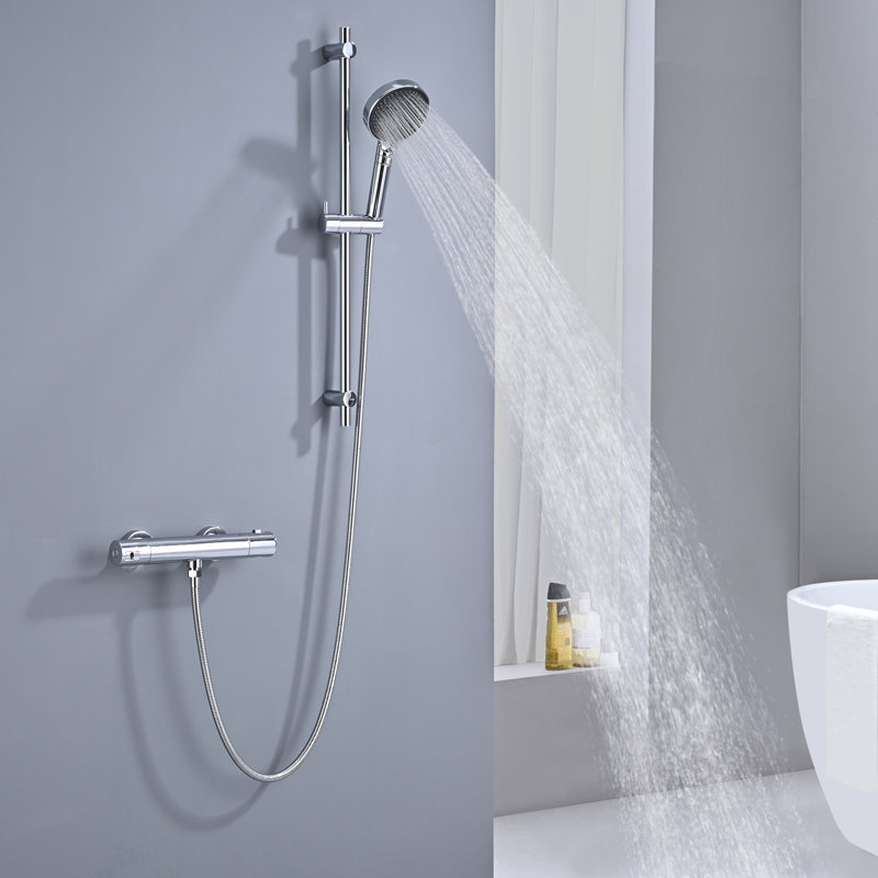 DETBOM Shower Riser Kit 70cm(27.56"), Wall Mounted Shower Slide Bar with 3 Modes Shower Head, 1.5m(56") Shower Hose, Adjustable Shower Head Holder Bar, 304 Stainless Steel, Chrome Silver