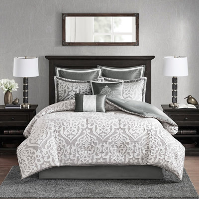 Silver/Silver Comforter For King Bed - Soft Colors, Solid Reverse, 100% 8 Piece Bedding Collection Classic Elegance, Easy Care