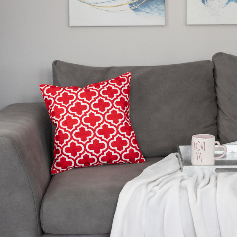 Embroidered Pillow Cover, Trellis, Red/White
