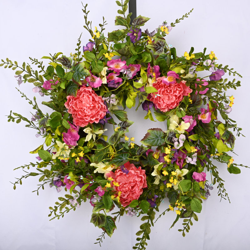 26" Handcrafted Faux Peony Morning Glory Wreath for Front Door, Pink/Green