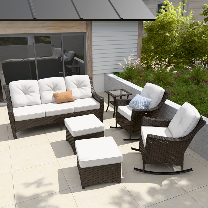 5 - Person Patio Conversation Set with 2 Rocking Lounge Chairs & Sofa, Beige