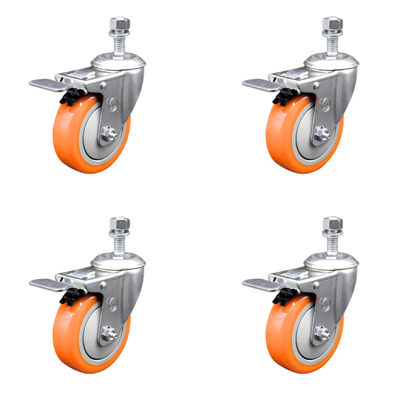 Ensemble de roulettes à tige filetée en polyuréthane 4 po ½ pouce, Orange