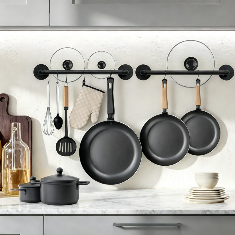 Ensemble de 2 supports muraux pour casseroles, tuyau industriel de 21 pouces avec 10 crochets en S, 3.6" H x 2.3" W x 21" D