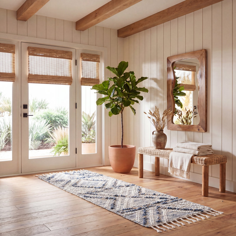 Tapis ivoire / bleu en jute / sisal / laine / coton tissé à la main Garstang, Tapis de couloir 2 pi 3 po x 9 pi