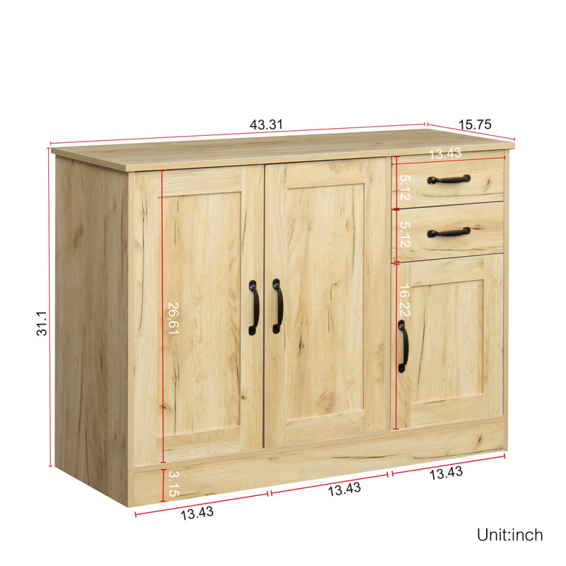Buffet moderne en chêne avec 2 portes, 2 tiroirs et rangement - Armoire de rangement pour hall d'entrée et salle à manger, 43,3 po