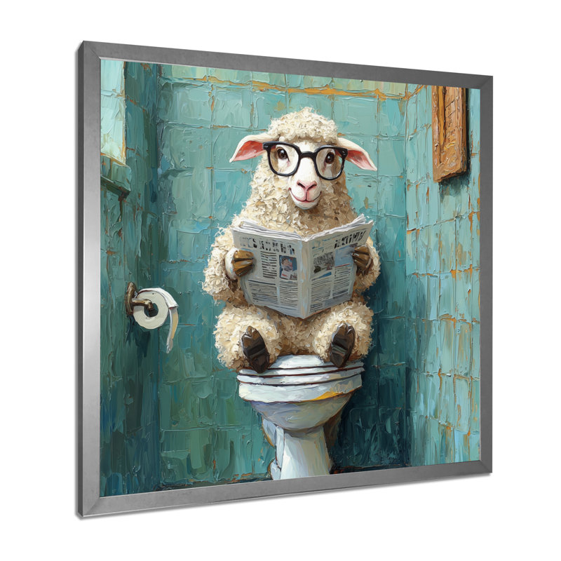 Kethia, mignon mouton lisant un journal dans la salle de bain II - mouton, art mural, H 30 po x l 30 po, Argent argent