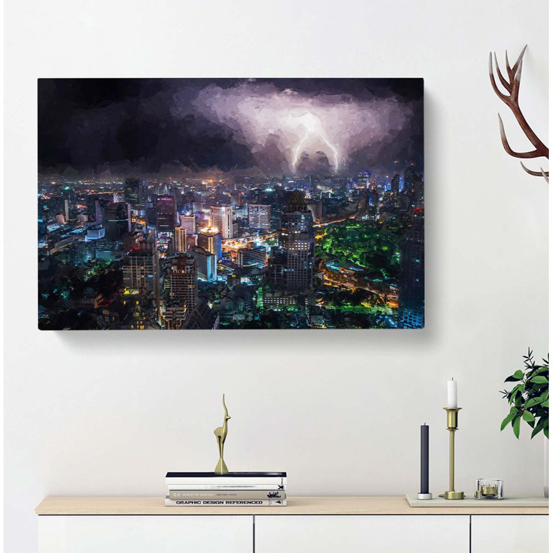 Lightning Over Bangkok City In Abstract - Wrapped Canvas Print, 40cm H x 60cm W x 3cm D