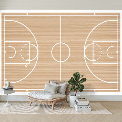 Papier peint 3D Vue de dessus Terrain de basketball Texture en bois Mur de sport Papier peint adhésif auto-adhésif pour chambre à coucher Salon Dortoir Décoration murale Plafonnier autocollant