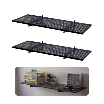 Ensemble de 4 étagères murales, tablettes de rangement en métal robustes pour le garage, 1,5 x 4 pi avec capacité totale de 500 lb, tablette murale en acier noir pour atelier, sous-sol, rangement