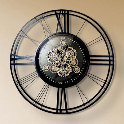 Sandown 80cm Living Room Wall Clocks with Glass Metal Frame, Round Black Gear Wall Clock for Bedroom Decor