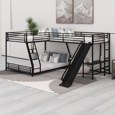 Lit superposé en L en forme de L avec bureau intégré, échelle et glissade