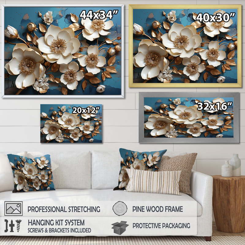 Orchidée dorée blanche et bleue, arbre II - Art mural floral abstrait, Toile tendue, H 34 po x l 44 po x P 1,5 po