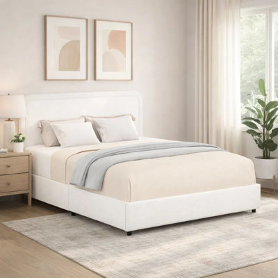 Lez Queen Size Platform Bed With 2 Storage Drawers, Ivory Boucle Upholstery