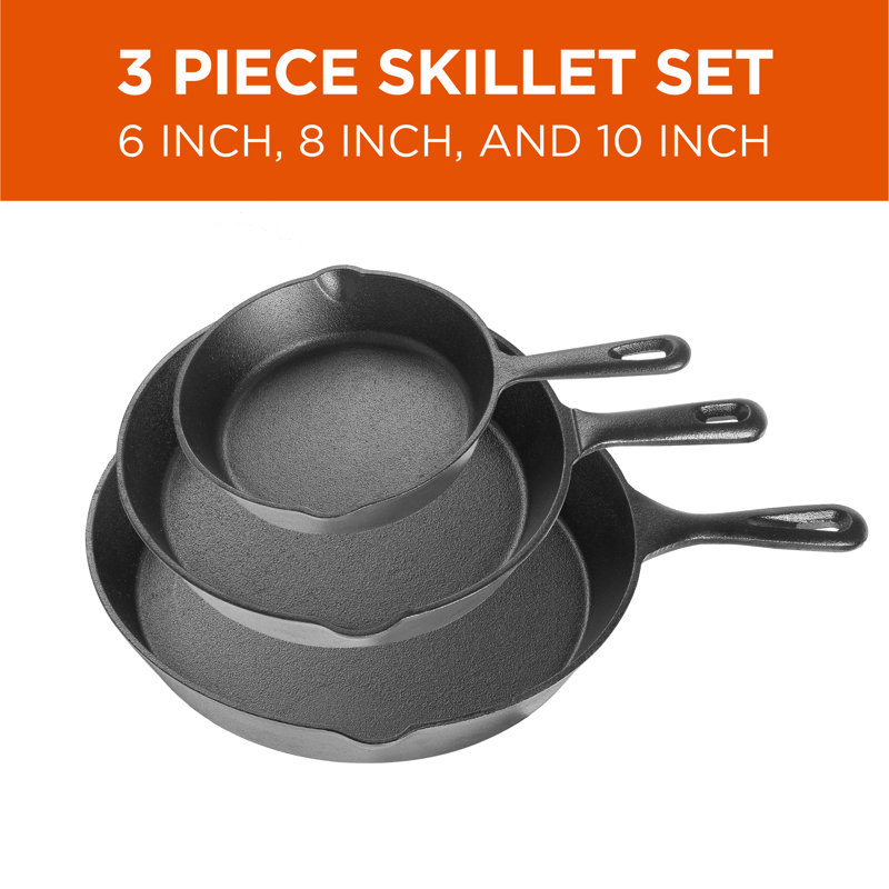 Pre-Seasoned Black Cast Iron 3-Piece Skillet Set