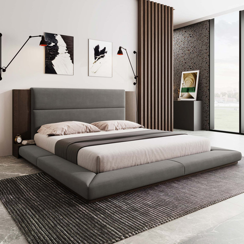 Floor Upholstered Platform Bed With Extended Wood Headboard & Bedside Shelf,No Box Spring Needed, King