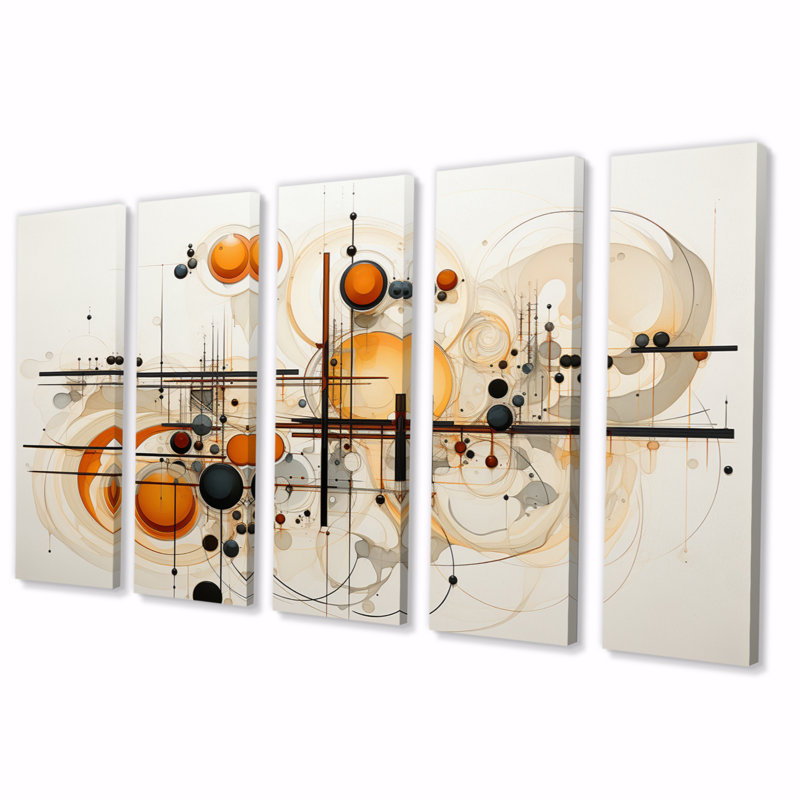 «Orange Beige Line Art Conceptual Abstracts», impression sur toile tendue 5 pièces