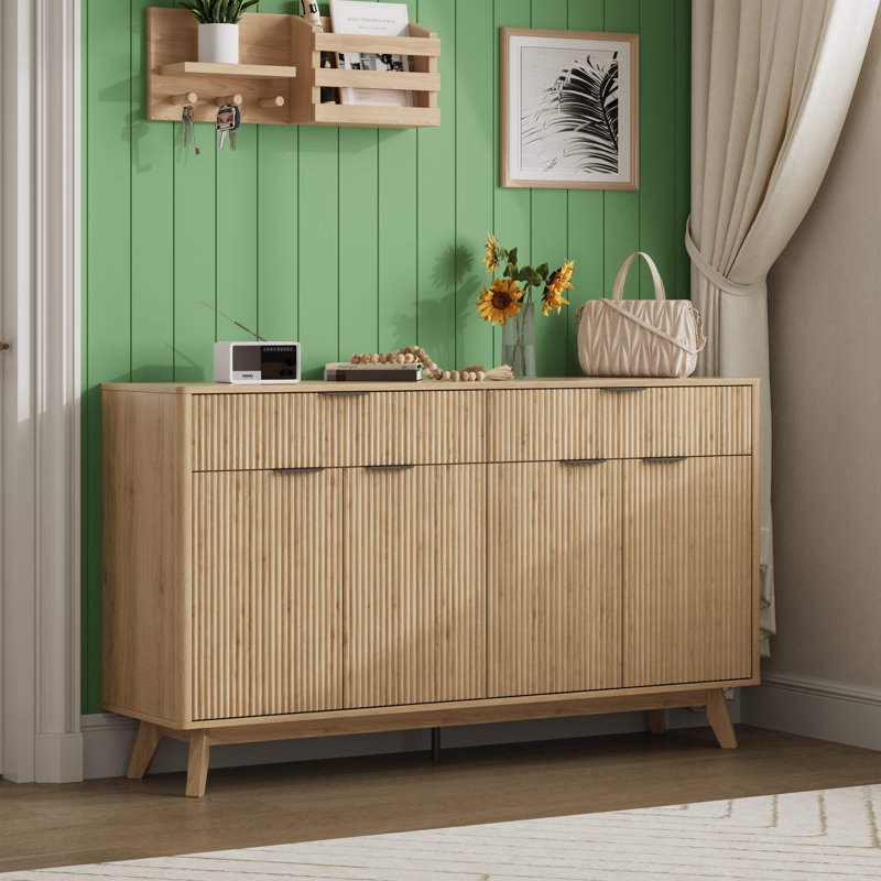 Buffet Buffet, buffet de 60 po avec 2 tiroirs et 4 portes ondulées, buffet avec tablettes réglables, Brun