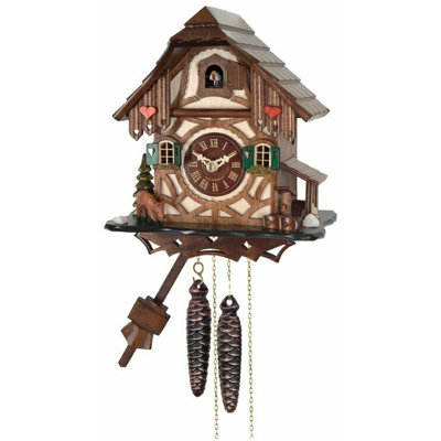  One Day Cuckoo Clock 9" H Cottage with Deer, Tree & Water Pump, Black Forest Germany