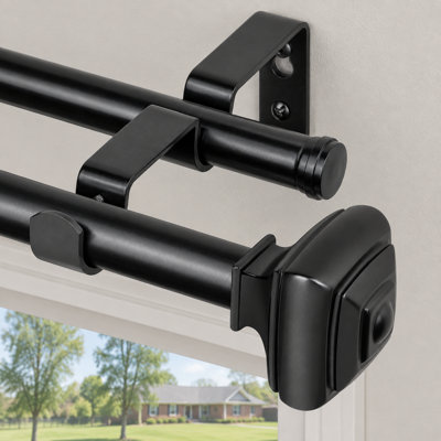 Black Double Curtain Rod for 48 to 84 Inch Windows, with a Square Two-Layer Dual-Rod Design, 7/8 Inch Diameter, Heavy-Duty Adjustable Construction and 33lbs Weight Capacity for Bedrooms or Living Rooms