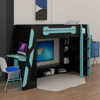 Twin Size Loft Bed With Desk And RGB Light