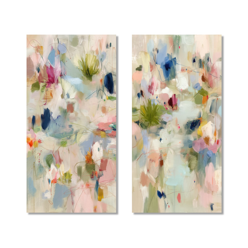 Minimalisme abstrait dans des tons roses et verts - ensemble de 2 reproductions d'art murales modernes en métal