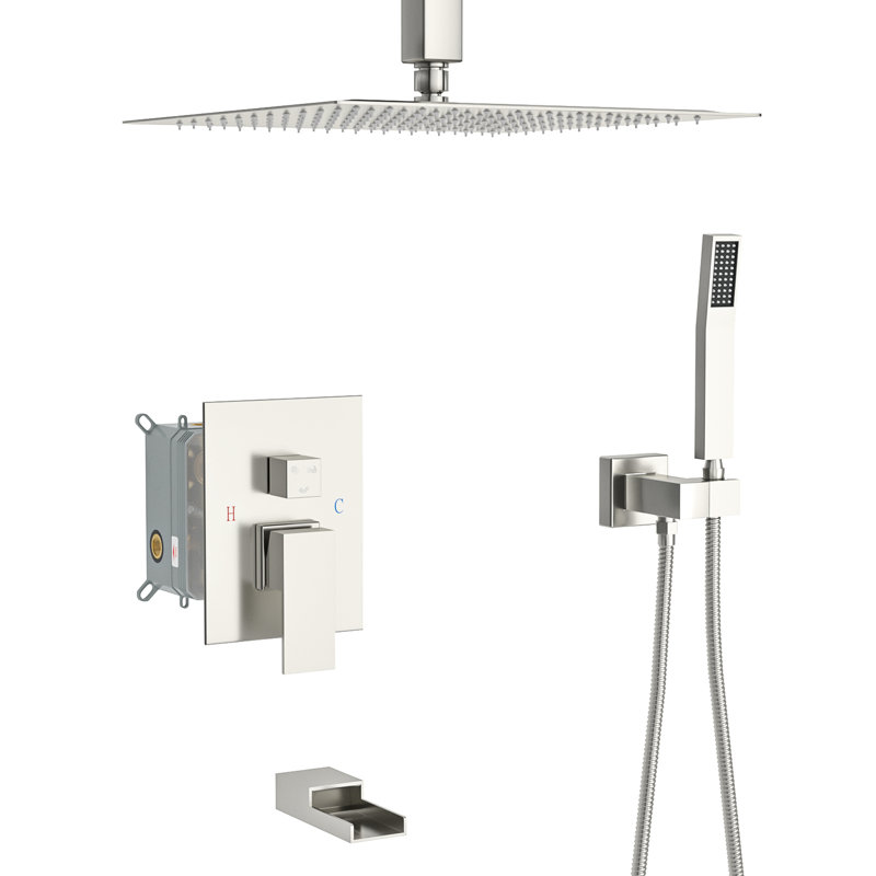Ceiling Mount Shower In Brushed Nickel: Waterfall Spout, 16" Rainfall Head, Handheld With Reduces Temperature Loss System Shower, Head & Parts