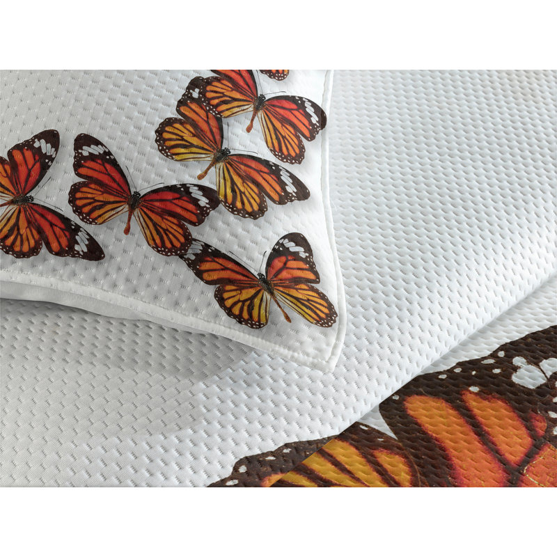 White Quilted Queen Bedspread Set with Butterfly Design