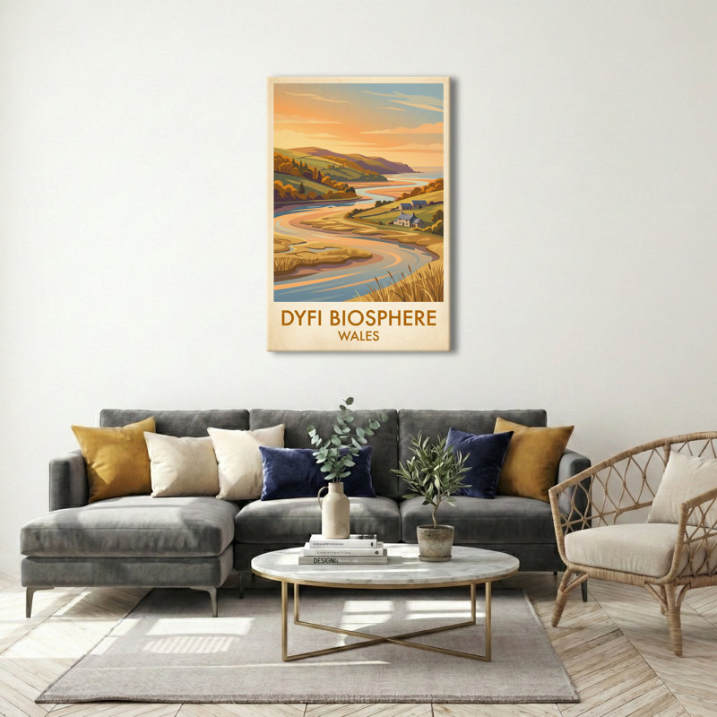 Dyfi Biosphere, Wales - Romantic Estuary and Rolling Hills Travel Poster. Giclee Print on Wrapped Canvas. Wall Art, Home Decor - Regions & Scenic Areas, Wales 1 Piece Wrapped Canvas Wall Art