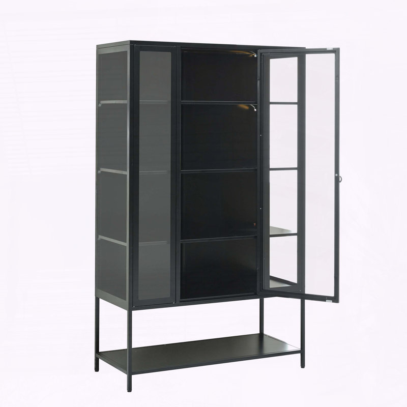 Iron Display Cabinet with LED Lights and 3-Sided Glass, Black