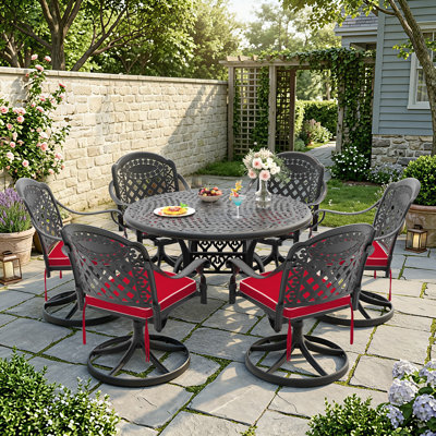 6-Person 48.03" Round Patio Dining Set with Umbrella Hole, 6 Swivel Chairs with Red Cushions