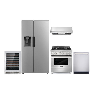 Ensemble de cuisine 5 pièces avec hotte au gaz de 30 po sous hotte de cuisine encastrée de 30 po, réfrigérateur encastré entièrement intégré et réfrigérateur à vin de 48 bouteilles