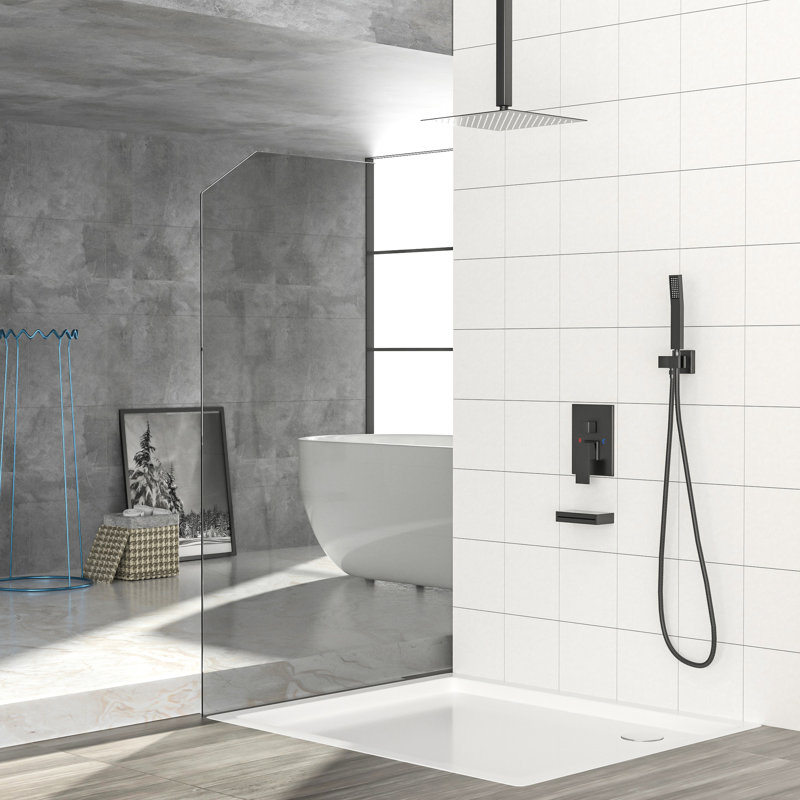 Unité de douche au plafond noir mat: douchette carrée de 12 po, douchette et douchette de baignoire: fixation de 12 po