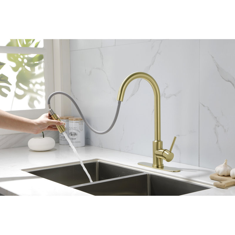 Kitchen Pull Down Faucet - 360 Rotatable High Spout, One For Convenient Water Temperature And Flow Control, Corrosion Rustproof, Gold Stainless Steel, 16.01 In. Deep, 9.74 Wide, 8.79 High, 4.19 Lb